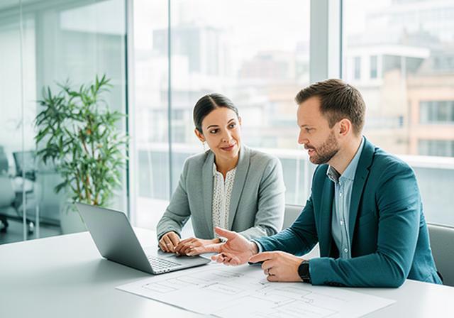 Consultant reviewing an operational workflow with a client in a bright London office