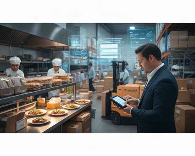 Operations manager checking orders beside a busy restaurant pass and warehouse delivery screens
