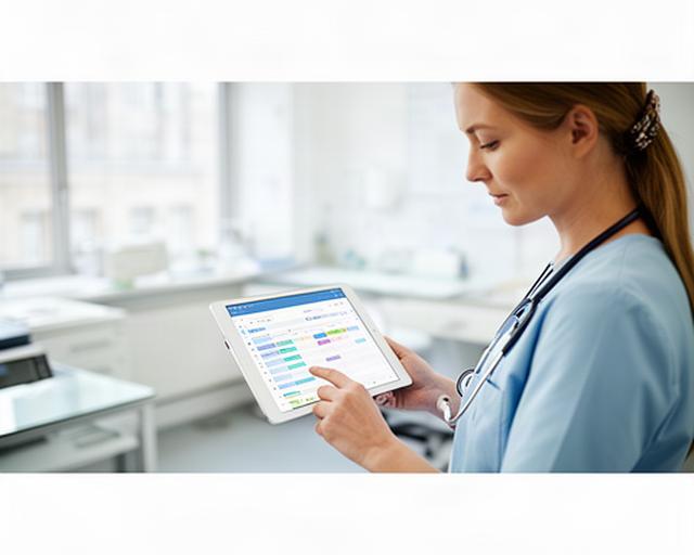 Healthcare professional reviewing a patient schedule on a tablet in a bright London clinic