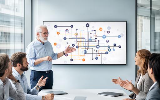 Senior automation architect explaining an integration map to colleagues in a London meeting room