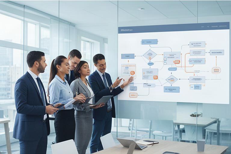 Consultants reviewing connected business workflows on a screen in a bright London office
