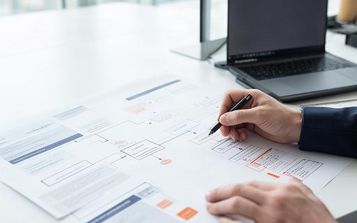 Process analyst annotating a service workflow beside a laptop and printed records