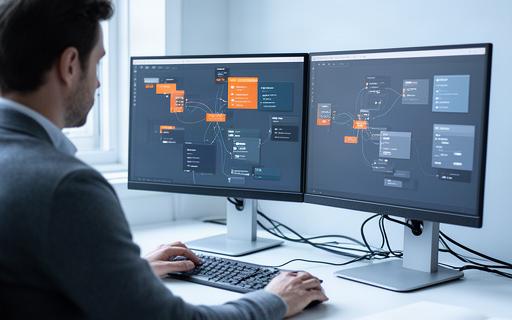 Systems integration specialist testing business software connections at a desk with two monitors