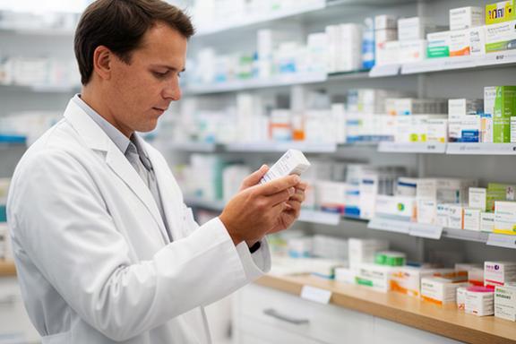 Pharmacist checking labelled medicines and stock shelves in an independent London pharmacy