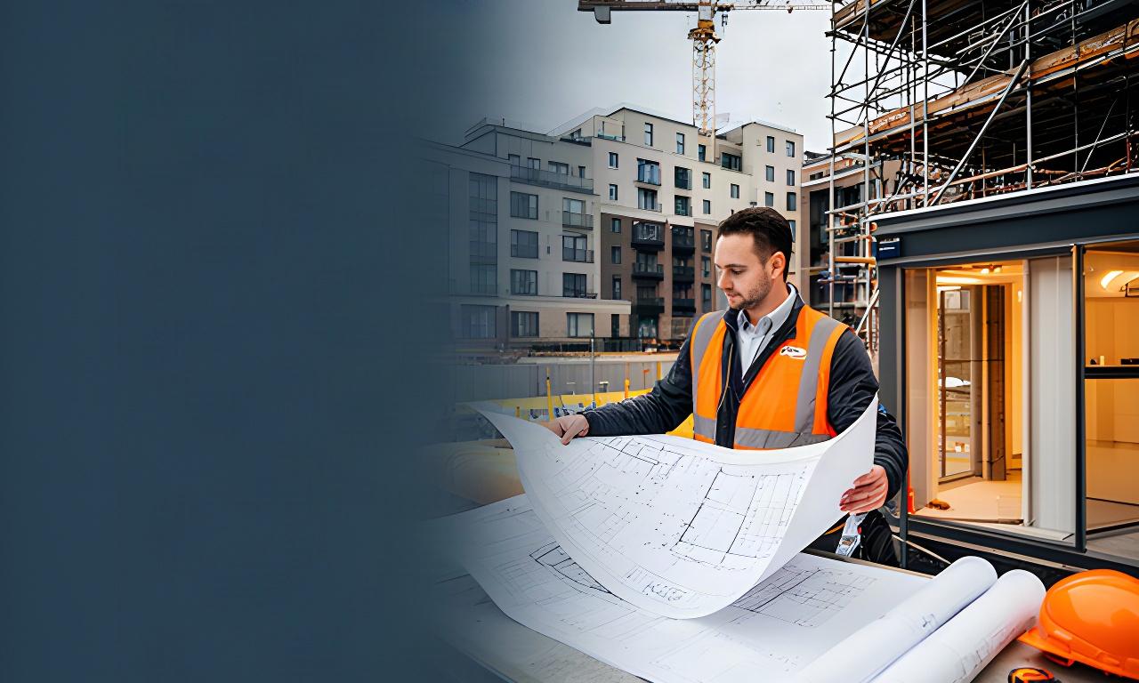 Project manager reviewing architectural plans beside a London construction site office