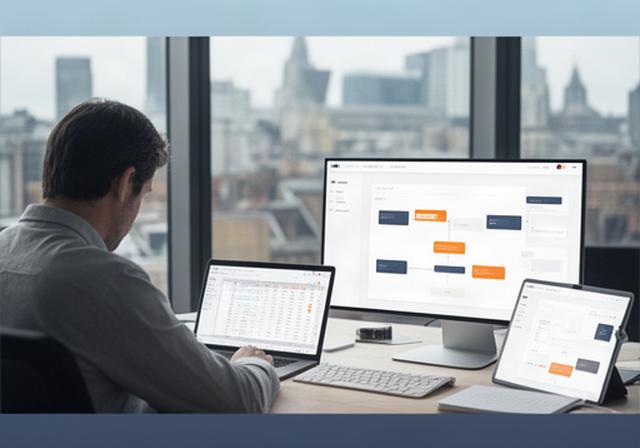 Operations manager reviewing a crowded spreadsheet beside a clean workflow dashboard in a London office