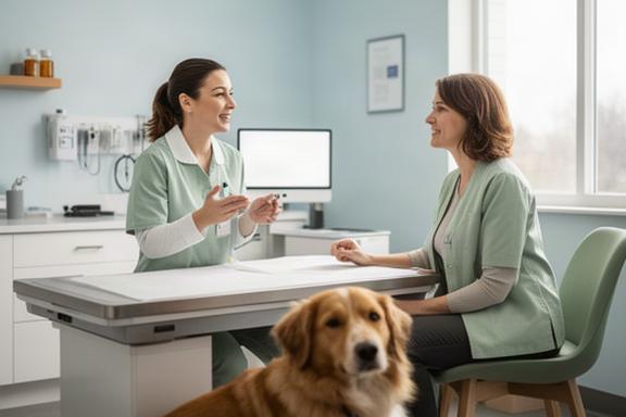 Veterinary nurse speaking with a pet owner in a calm modern examination room